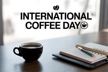 Black cup of coffee sits on a wooden table next to an open notebook and pen, with International Coffee Day text displayed prominently.