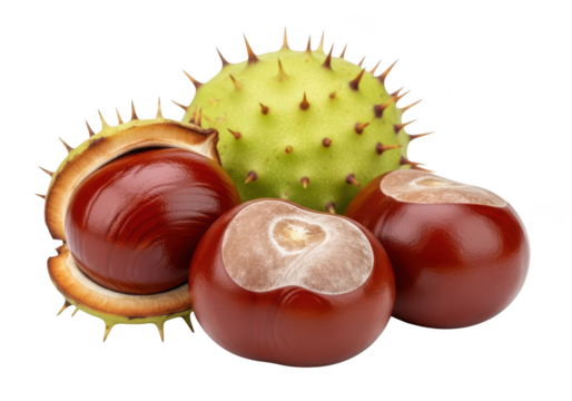 Three horse chestnuts with spiky green husk on conker conkers