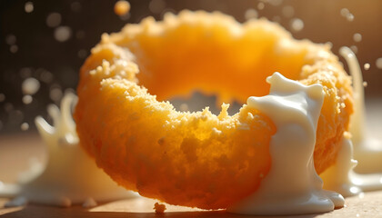 A mid-air micro shot of an onion ring tumbling through space — light catching its battered surface, layers exposed in crisp golden curls. 