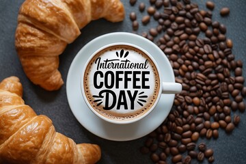 A delightful cappuccino with "International Coffee Day" artfully displayed on the foam, accompanied by golden croissants and scattered coffee beans, creating a warm and inviting scene.