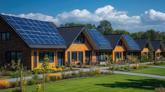Solar-powered communities with homes, businesses, and public infrastructure fully equipped with solar energy solutions promoting self-sufficiency and sustainable living in residential areas.