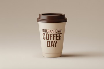 A cream colored coffee cup with a brown lid features the text International Coffee Day printed in brown, set against a neutral background celebrating the occasion.