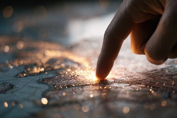 Finger tracing a world map, illuminated by sparks