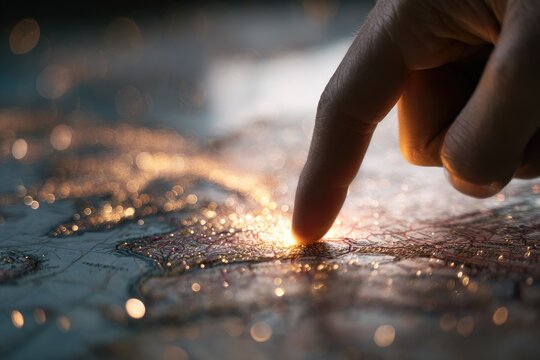 Finger tracing a world map, illuminated by sparks