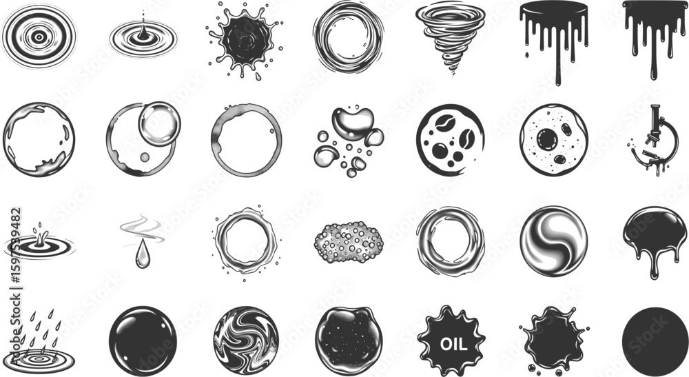 Poster a set of various black and white icons representing abstract shapes and nature elements.