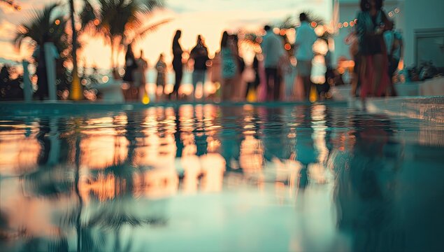 Poolside party at sunset. Blurred figures enjoy a gathering