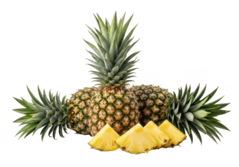 Three whole ripe pineapples and four slices on fruit tropical