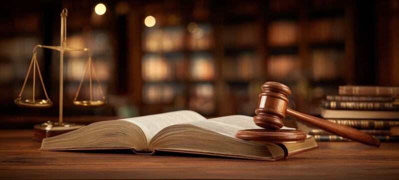 The gavel and scales of justice resting on a legal book in a law library.