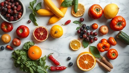 Artistic overhead view of fresh fruits and vegetables arranged on marble.