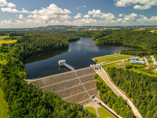 aerial view of the landscape with a water reservoir on the Vltava River in South Bohemia in the...