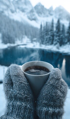 Hands holding steaming mug in winter mountain landscape evokes cozy warmth and serene escape perfect for promoting