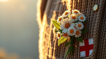 Glowing Swiss lantern with white cross motif, resting on rustic wood with alpine meadow in soft focus.