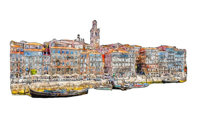 Artistic Watercolor of Ribeira District Building Landscape in Porto Portugal
