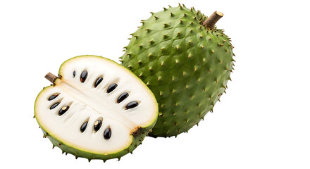 Whole and halved soursop fruit showing its white flesh and black seeds isolated on transparent background