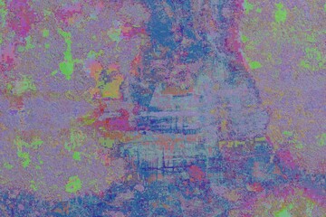 heavily textured image dominated by pastel hues of purple, green, and pink.  A vaguely humanoid form is suggested within a field of mottled color and granular texture
