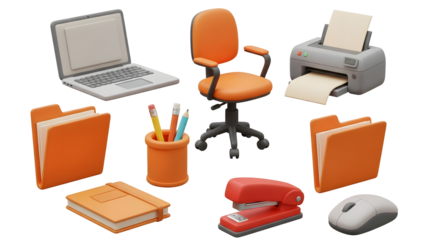 A collection of nine 3d office items arranged on a transparent background featuring a laptop, chair, printer, file folders, pencils, notebook, stapler, and mouse