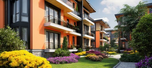 The modern residential apartments surrounded by vibrant gardens and lush greenery.