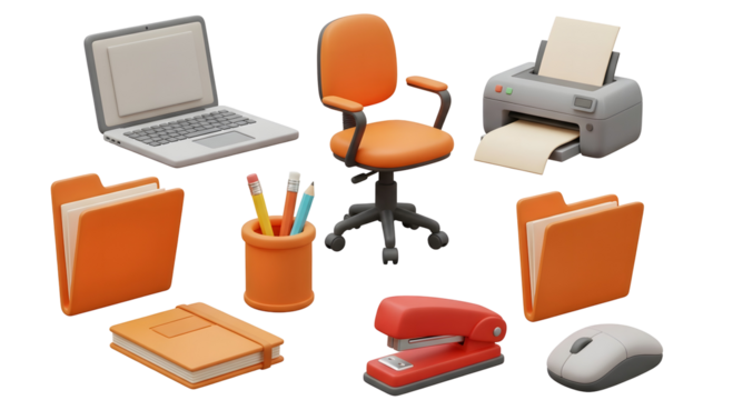 A collection of nine 3d office items arranged on a transparent background featuring a laptop, chair, printer, file folders, pencils, notebook, stapler, and mouse