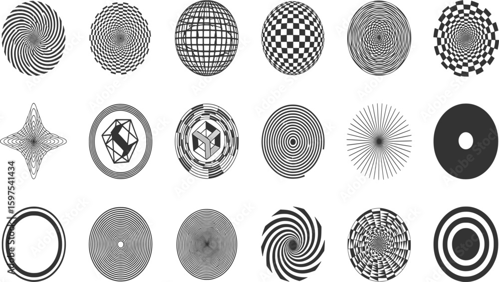Poster a collection of various circular icons with different black and white patterns and textures.