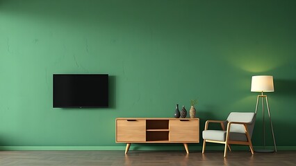 A green textured wall with stylish furniture, creating a calm and modern living space.