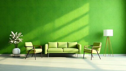Contemporary interior with abstract green walls and sleek furniture, bathed in soft ambient light.