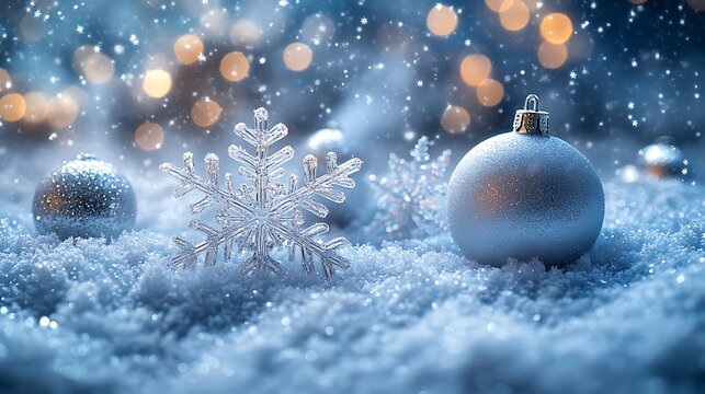 Sparkling snowflakes and silver ornaments in snow christmas winter