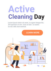 Woman cleaning living room modern home interior plants furniture computer spray bottle cozy domestic scene pastel colors website banner
