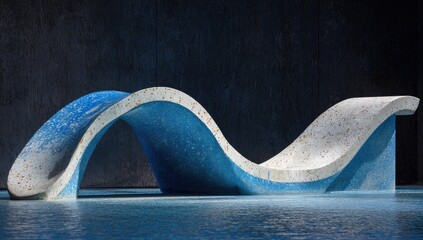 Abstract, wavy, concrete bench, blue and beige, in a dark space
