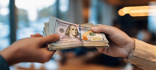 The exchange of cash between two hands in a business transaction.