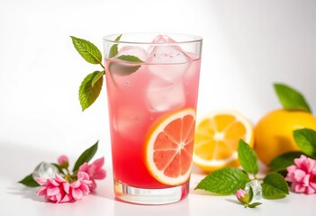 Fototapeta premium Glass of pink lemonade on white background, ice cubes visible, clean, studio shot