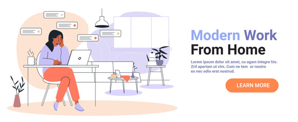 Woman remote working home office laptop cozy living room plants coffee minimalist decor pastel colors website banner