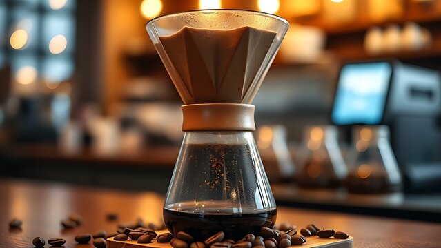 Fresh coffee beans beside a Chemex brewer in warm, inviting lighting.