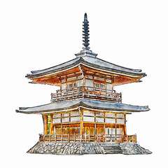Watercolor Style Detailed Japanese Pagoda Traditional Architecture Isolated Illustration