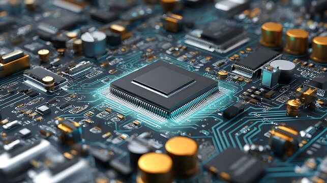 Close-up of a circuit board, containing integrated electronic components, including a processor and memory. .
