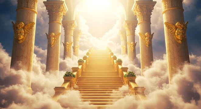 A grand golden staircase leads upwards flanked by angeladorned columns amid clouds - Powered by Adobe