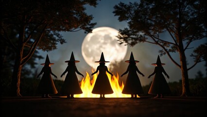 Halloween 2025 Silhouettes of witches gathered around a fire under a full moon in a dark forest.