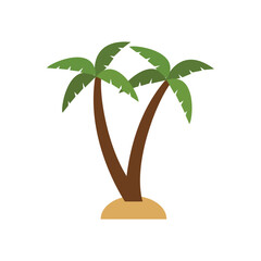 Two stylized palm trees with brown trunks and green fronds stand on a tan sand mound, depicted in a flat, cartoonish style with bright, cheerful colors.
