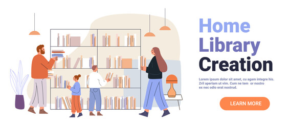 Home library family reading bookshelf organization modern interior people arranging books cozy living room decor pastel colors web banner
