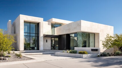 Contemporary residential building with geometric lines and floor-to-ceiling glass windows, showcasing minimalist concrete facade under bright daylight