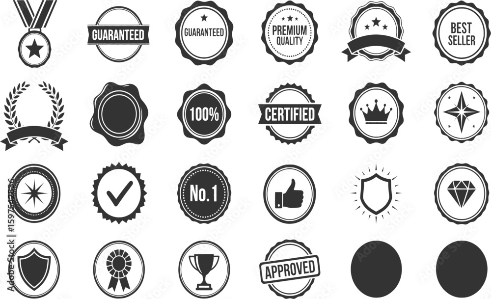 Poster a set of various black and white circular icons with different patterns and symbols.