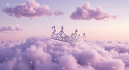 A silver crown rests on fluffy lavender clouds beneath a soft pink sky