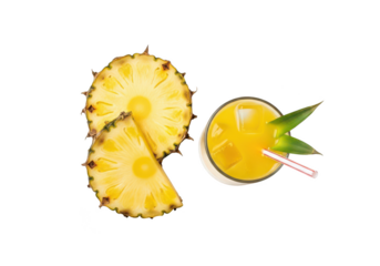 Two pineapple slices and a glass of pineapple juice with ice and straw fruit food