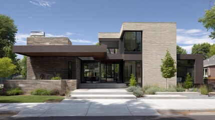 Contemporary residential building with geometric lines and floor-to-ceiling glass windows, showcasing minimalist concrete facade under bright daylight