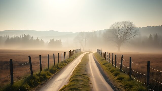 A quiet forked road through a serene landscape, bathed in soft morning light.