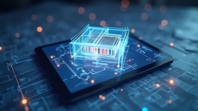 Conceptual Tech Design Floating Above Tablet with Blueprint Background