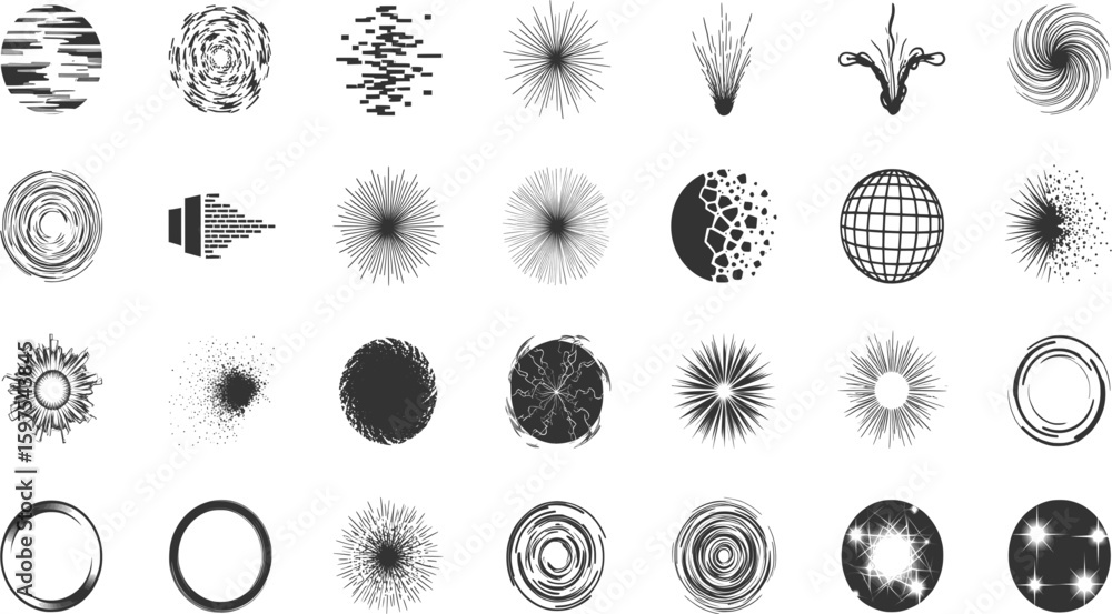 Poster a set of various black and white circular icons representing business and technology concepts.
