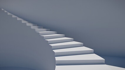 Fototapeta premium Abstract Minimalist White Staircase Ascending Against a Plain Blue Gray Wall with Geometric Shapes and Lines Concept of Progress and Ambition