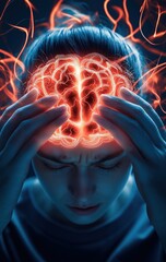 Woman suffering from headache and touching her head, experiencing migraine or stress, with visualization of brain activity