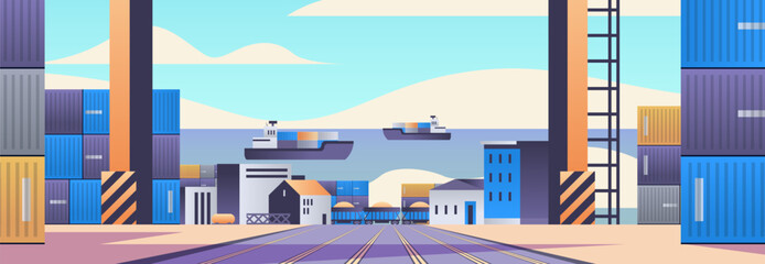 Shipping containers port trade concept. Colorful stacked containers ships sea buildings cranes sky. Industrial logistics theme
