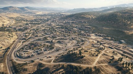 High-angle view of a town nestled in a valley, surrounded by hills.  Roads, railways, and buildings are visible